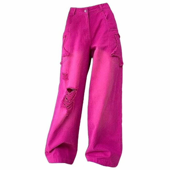 00s Kids Pink Star Ripped Baggy Jeans - Nostalgia 2000s Fashion Outfit