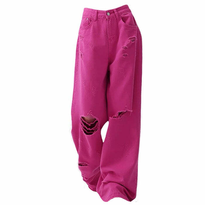 00s Kids Pink Star Ripped Baggy Jeans - Nostalgia 2000s Fashion Outfit