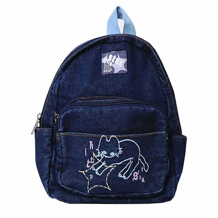 90's Aesthetic Denim Backpack - Y2K Fashion, Vintage Style, Nostalgia 2000s