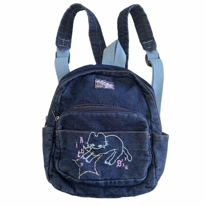 90's Aesthetic Denim Backpack - Y2K Fashion, Vintage Style, Nostalgia 2000s