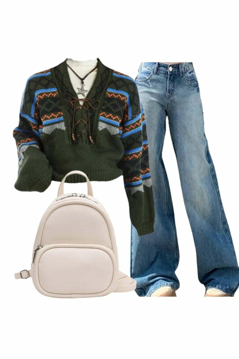 90s Outfit: Forest Fair Isle Lace-Up Sweater & Light Wash Denim 2000s Fashion