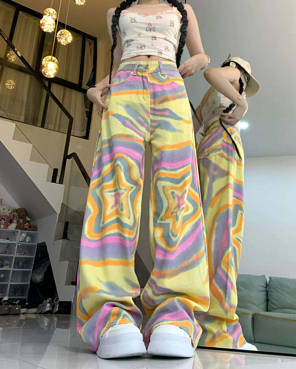 90s Star Print Trousers - 2000s Fashion, Y2K Aesthetic, Vintage Style