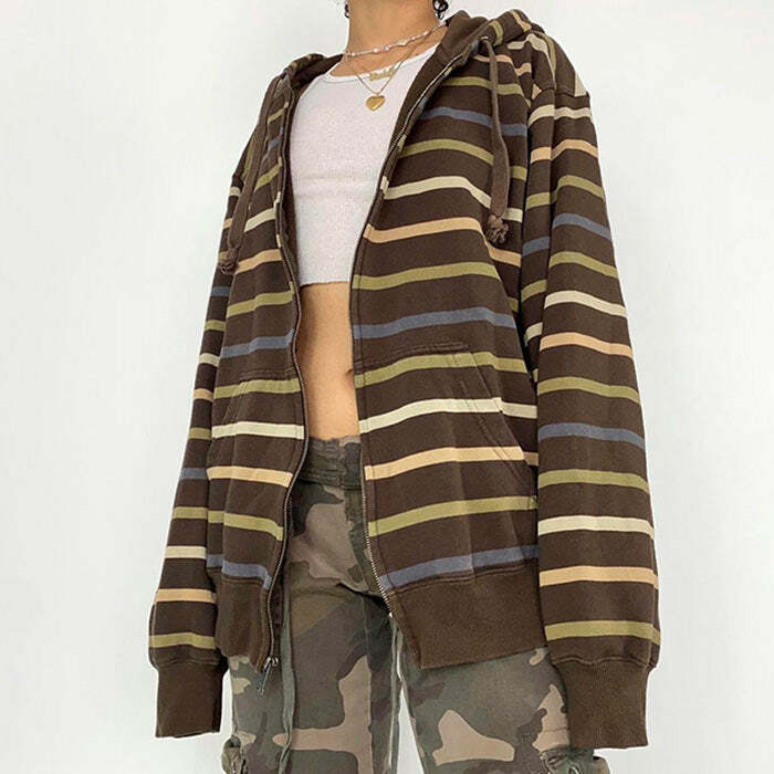 90s Striped Zip Up Hoodie - Y2K Fashion, 2000s Nostalgia Outfit