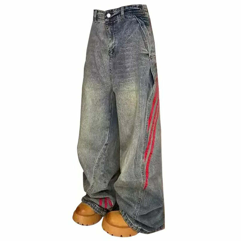 90s Style Wide Red Stripe Jeans - 2000s Fashion Nostalgia Outfit