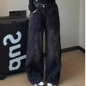 90s Vintage Stitch Wide-Leg Jeans - 2000s Fashion, Y2K Aesthetic Outfit