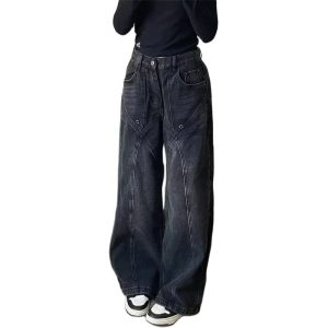 90s Vintage Stitch Wide-Leg Jeans - 2000s Fashion, Y2K Aesthetic Outfit