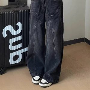 90s Vintage Stitch Wide-Leg Jeans - 2000s Fashion, Y2K Aesthetic Outfit