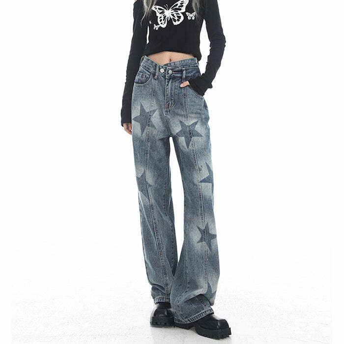 Aesthetic Star Washed Jeans - 2000s Fashion, Y2K Style, Nostalgia Outfits