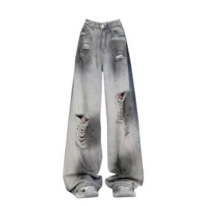 Ashen Ruin Distressed Jeans - 2000s Fashion, Y2K Aesthetic Outfit