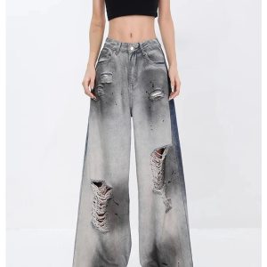 Ashen Ruin Distressed Jeans - 2000s Fashion, Y2K Aesthetic Outfit