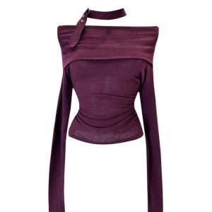 Asymmetric Choker Long Sleeve Top - 2000s Fashion Inspired Outfit