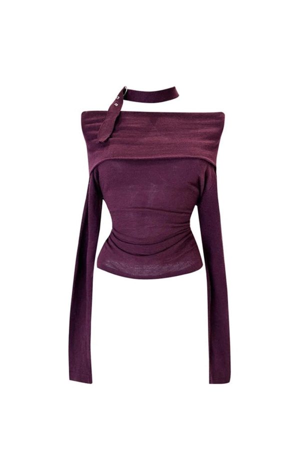 Asymmetric Choker Long Sleeve Top - 2000s Fashion Inspired Outfit