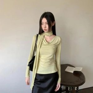 Asymmetrical Drape Neck Top - 2000s Fashion Inspired Winter Outfit