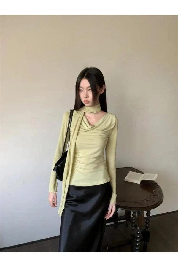 Asymmetrical Drape Neck Top - 2000s Fashion Inspired Winter Outfit