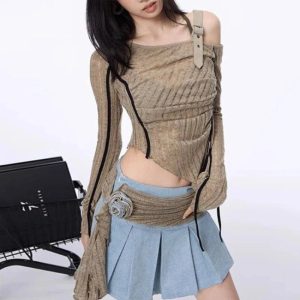 Asymmetrical Strap Detail Knit Top - 2000s Fashion Inspired Women's Wear