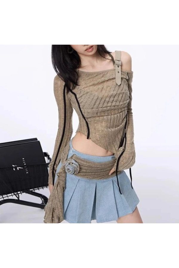 Asymmetrical Strap Detail Knit Top - 2000s Fashion Inspired Women's Wear