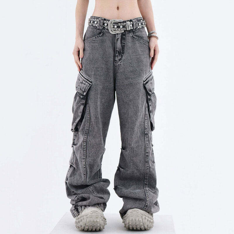 Big Ideas Wide Leg Cargo Jeans - 2000s Fashion, Y2K Aesthetic Outfit