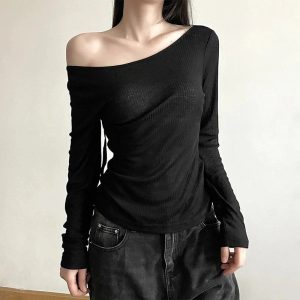 Black Off-Shoulder Ribbed Top - 2000s Fashion Nostalgia Outfit for Women