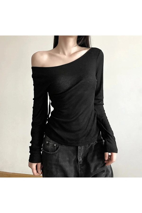 Black Off-Shoulder Ribbed Top - 2000s Fashion Nostalgia Outfit for Women