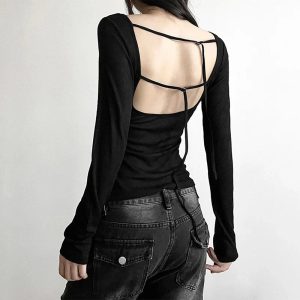 Black Off-Shoulder Ribbed Top - 2000s Fashion Nostalgia Outfit for Women