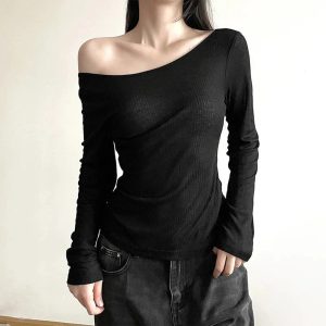 Black Off-Shoulder Ribbed Top - 2000s Fashion Nostalgia Outfit for Women