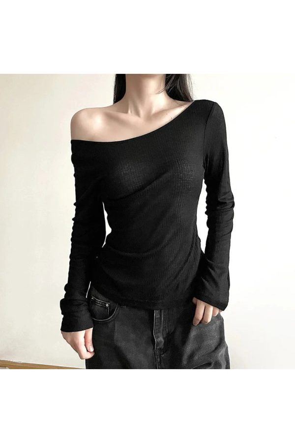 Black Off-Shoulder Ribbed Top - 2000s Fashion Nostalgia Outfit for Women