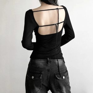 Black Off-Shoulder Ribbed Top - 2000s Fashion Nostalgia Outfit for Women