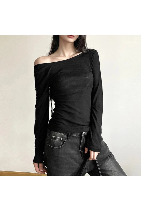 Black Off-Shoulder Ribbed Top - 2000s Fashion Nostalgia Outfit for Women