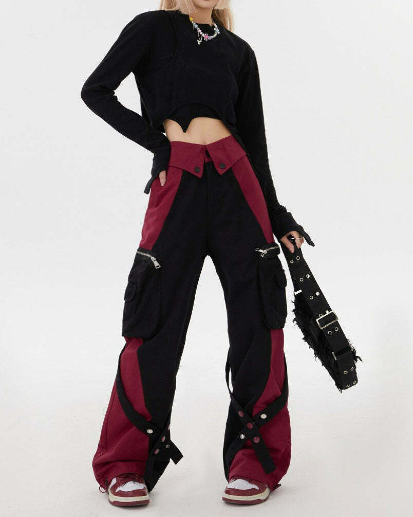 Black & Red Grunge Cargo Pants - 2000s Fashion, Y2K Aesthetic Outfit