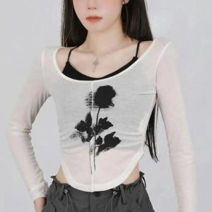 Black Rose Sheer Layered Top - 2000s Fashion, Y2K Aesthetic Outfit