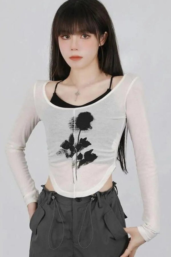 Black Rose Sheer Layered Top - 2000s Fashion, Y2K Aesthetic Outfit