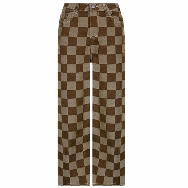 Brown Checkered Jeans - 2000s Fashion, Nostalgia Outfits, Y2K Style