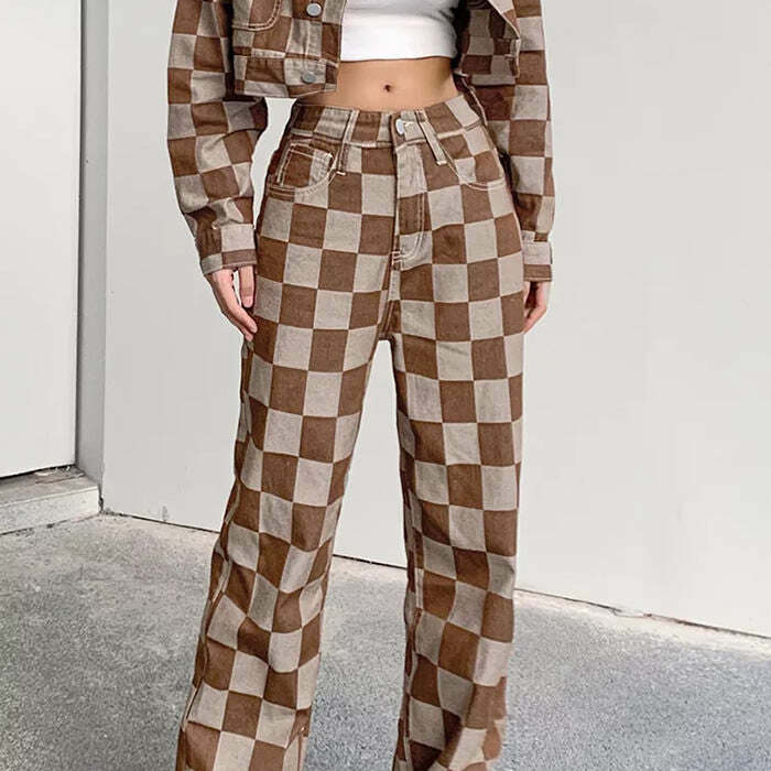 Brown Checkered Jeans - 2000s Fashion, Nostalgia Outfits, Y2K Style