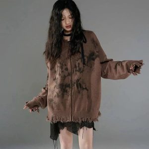 Burnt Earth Distressed Zip-Up Hoodie - 2000s Fashion Nostalgia Outfit