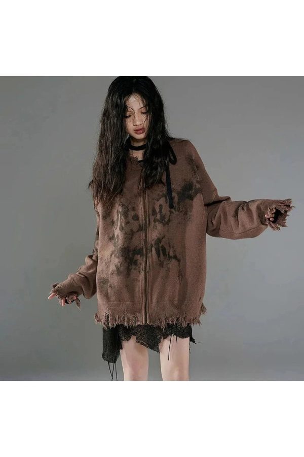 Burnt Earth Distressed Zip-Up Hoodie - 2000s Fashion Nostalgia Outfit