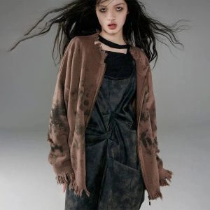 Burnt Earth Distressed Zip-Up Hoodie - 2000s Fashion Nostalgia Outfit