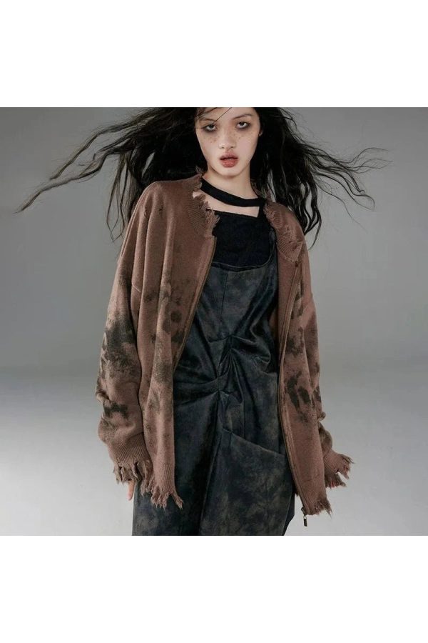 Burnt Earth Distressed Zip-Up Hoodie - 2000s Fashion Nostalgia Outfit