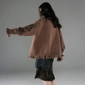 Burnt Earth Distressed Zip-Up Hoodie - 2000s Fashion Nostalgia Outfit