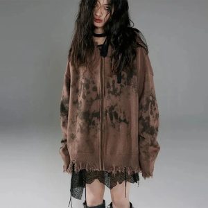 Burnt Earth Distressed Zip-Up Hoodie - 2000s Fashion Nostalgia Outfit