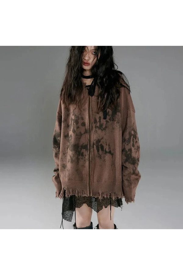 Burnt Earth Distressed Zip-Up Hoodie - 2000s Fashion Nostalgia Outfit