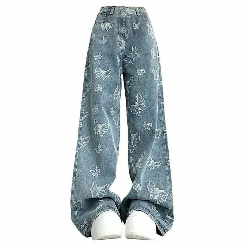 Butterfly Aesthetic Wide Leg Jeans - 2000s Fashion, Y2K Style Outfits