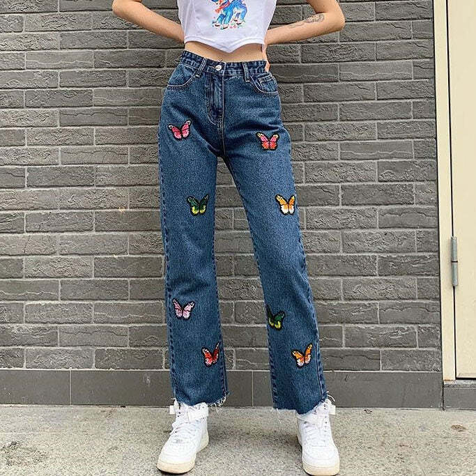 Butterfly Embroidery Jeans - 2000s Fashion, Y2K Aesthetic, Vintage Style