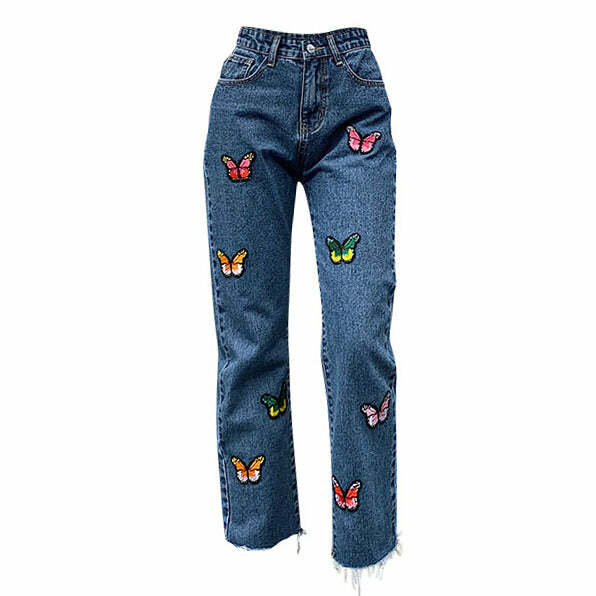 Butterfly Embroidery Jeans - 2000s Fashion, Y2K Aesthetic, Vintage Style