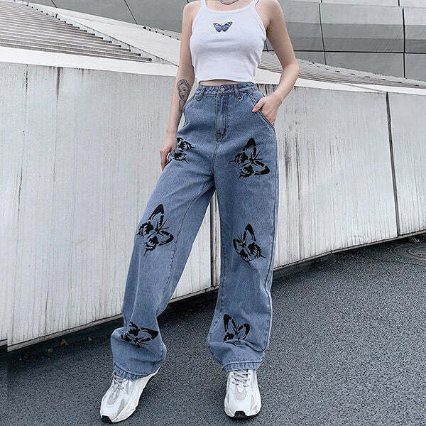 Butterfly Print Jeans - 2000s Fashion, Y2K Aesthetic, Vintage Style Outfits