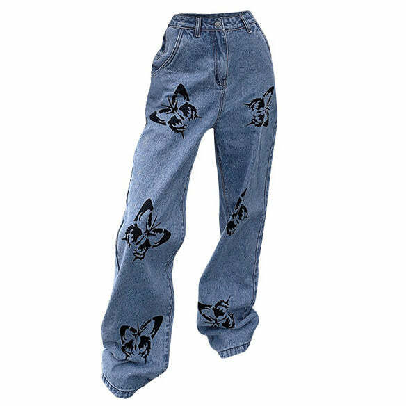 Butterfly Print Jeans - 2000s Fashion, Y2K Aesthetic, Vintage Style Outfits