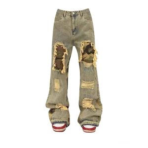 Camo Patchwork Distressed Jeans - 2000s Fashion, Y2K Aesthetic Outfit