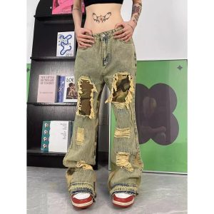 Camo Patchwork Distressed Jeans - 2000s Fashion, Y2K Aesthetic Outfit