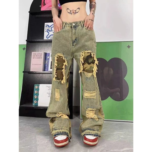 Camo Patchwork Distressed Jeans - 2000s Fashion, Y2K Aesthetic Outfit