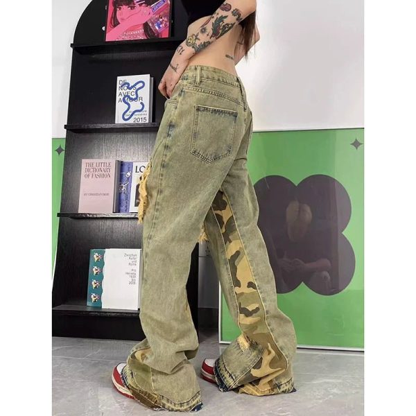 Camo Patchwork Distressed Jeans - 2000s Fashion, Y2K Aesthetic Outfit