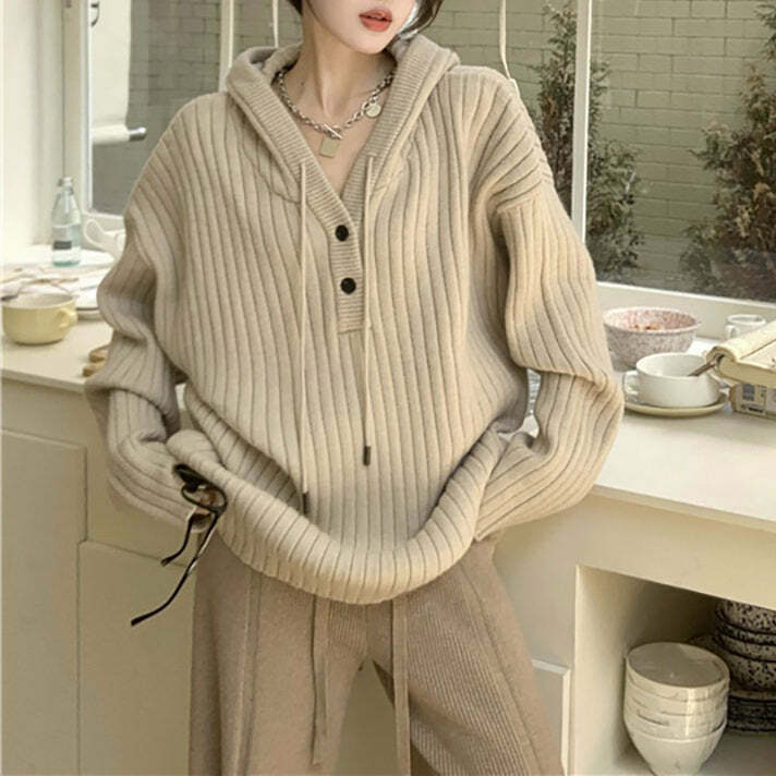 Caramel Latte Knit Hoodie - 2000s Fashion Inspired Winter Outfit